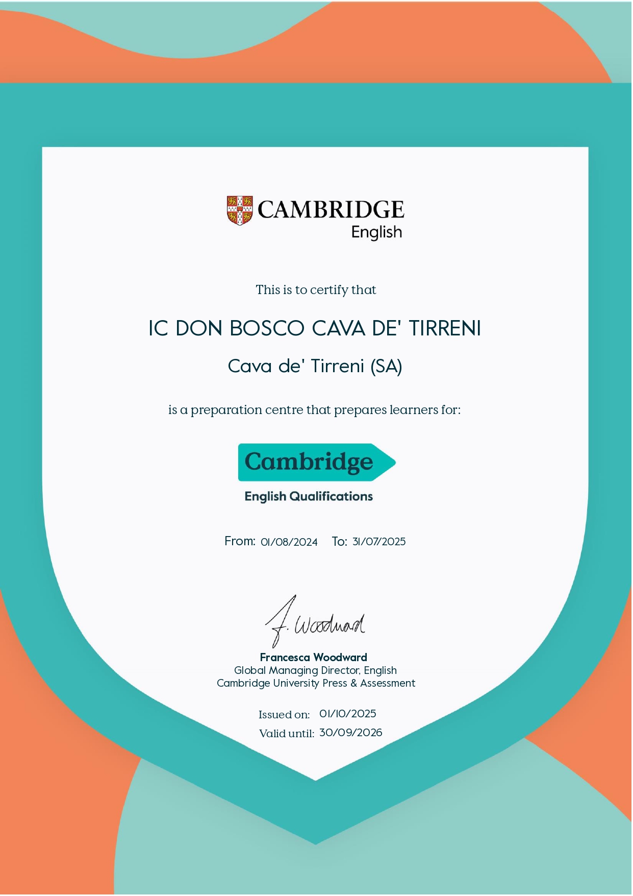 Certificato Cambridge Preparation Centre 2025-2026